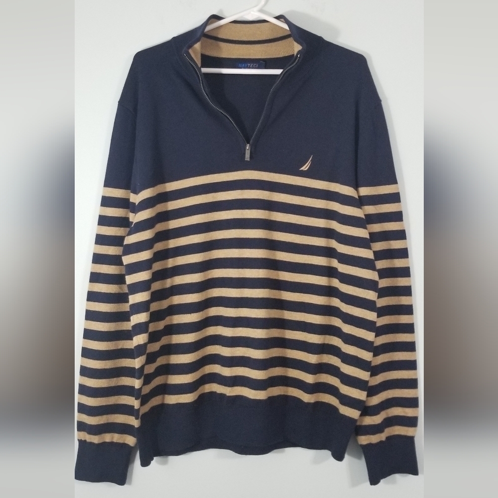 Navtech by Nautica 1/4 Zip Long Sleeve Sweater. Navy and Tan. Size Large.